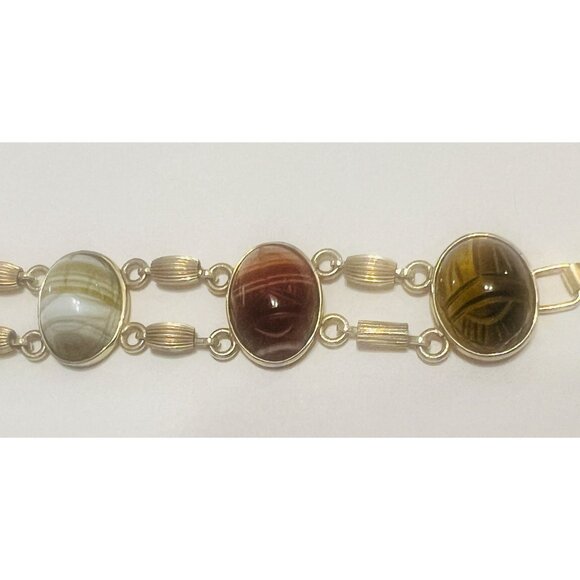 Egyptian Revival Krementz 14Kt Gold Overlay Scarab Bracelet Semi-Precious Stones - Picture 6 of 8